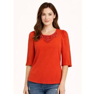 Kate Spade Tomato Red Jeweled Embellished Lined Blouse Back Zip Sz 0